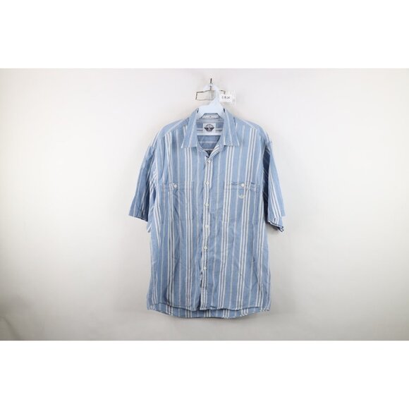 Vtg 90s Streetwear Mens Medium Chambray Striped Baggy Short Sleeve Button Shirt - Picture 1 of 12